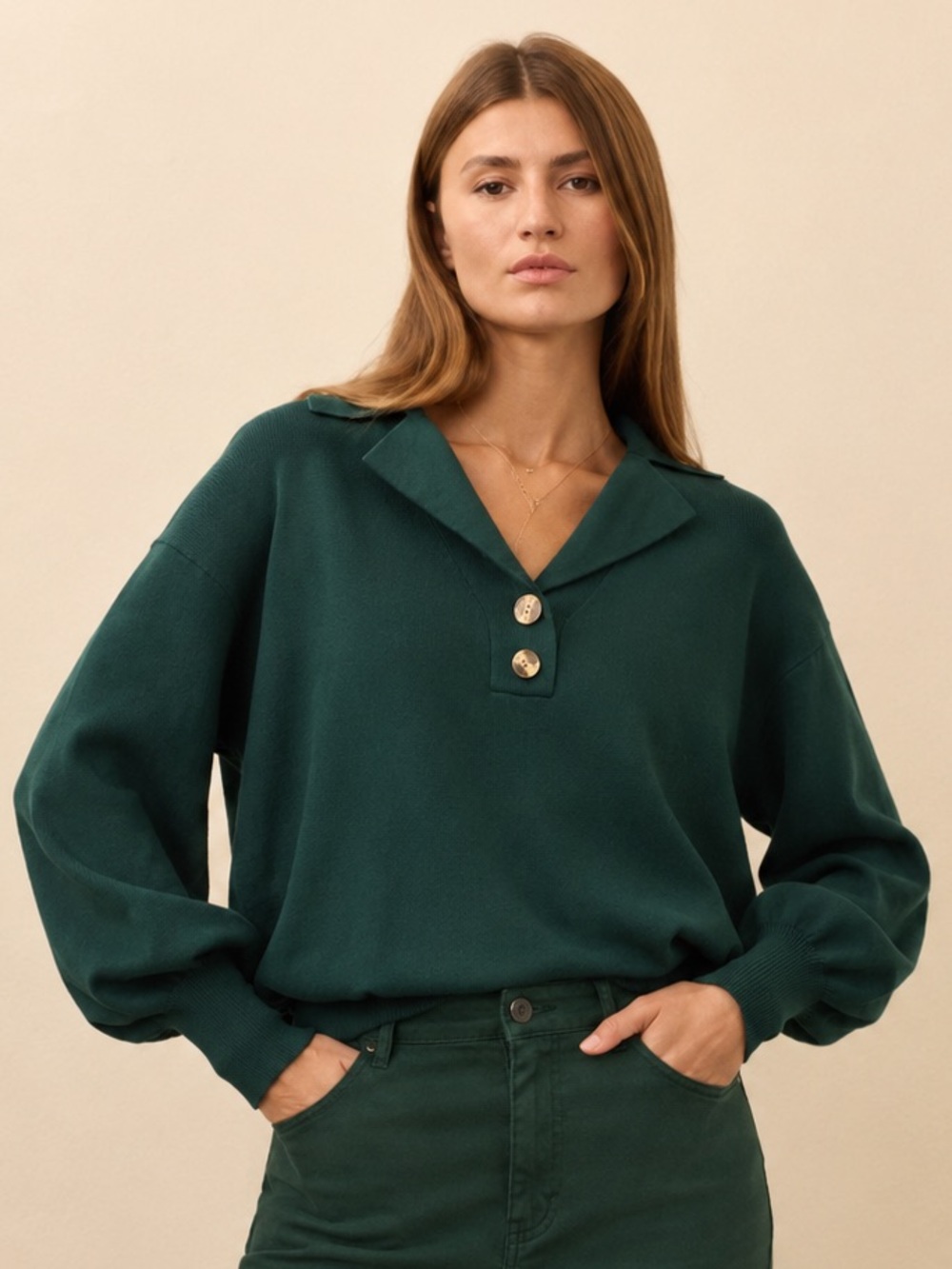 Amazon Zeagoo V-Neck Button-Down Balloon LongSleeve Sweater Green Medium Relaxed